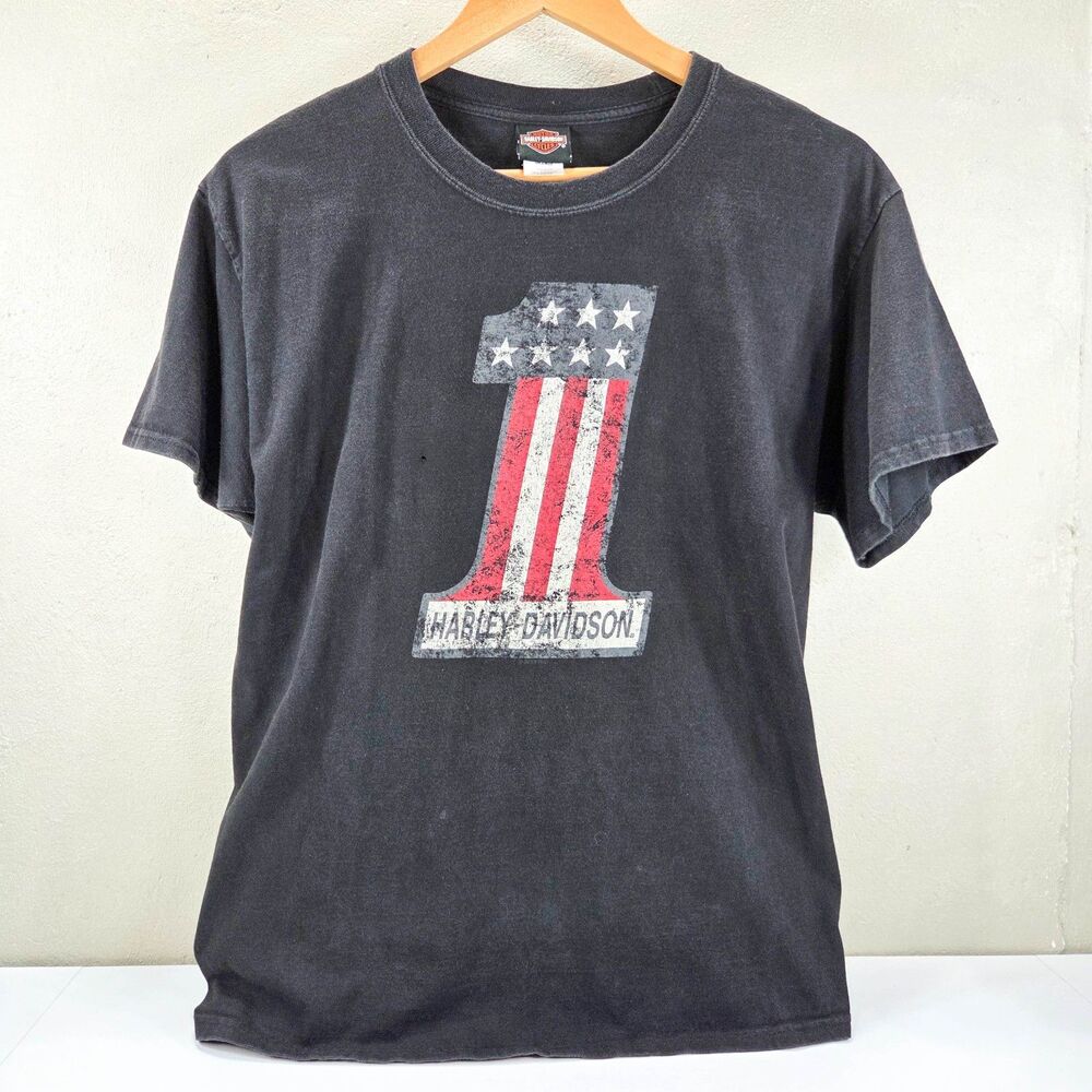 Harley Davidson Faded Black Number 1 Flag Miami Biker Tee Sz L